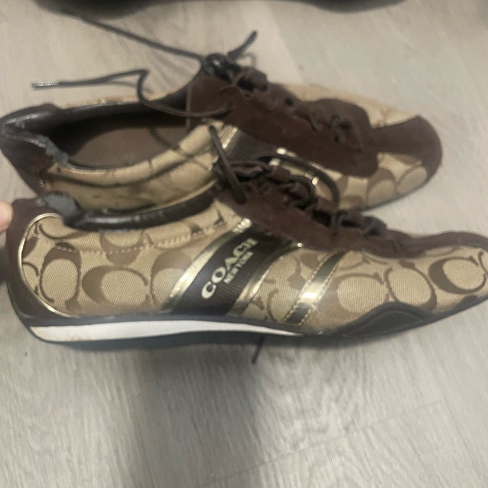 Coach Signature Canvas and Suede Athletic Sneakers in Brown and Gold